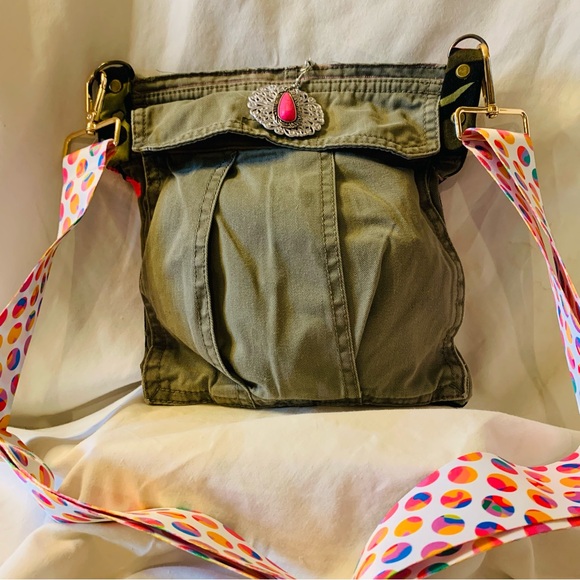 Upcycled Handbags - Chic Khaki Crossbody Bag with Vibrant Strap